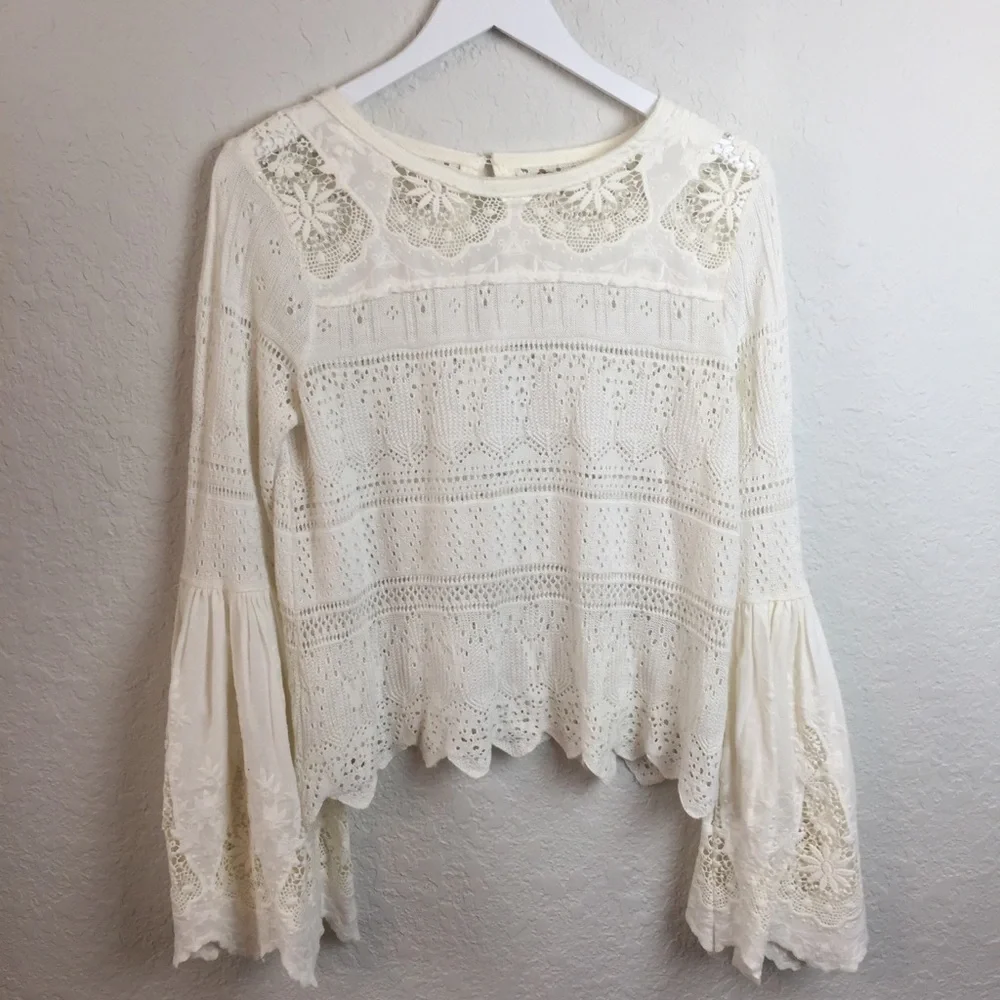Free People Once Upon a Time Cream Crochet Lace Bell Sleeve Blouse